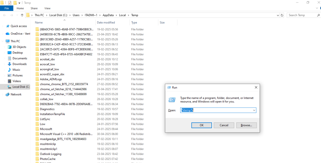 Contents of the Windows Local AppData Temp folder showing files to be cleared to speed up a slow computer — computer repair 
Brisbane advice by Core Computers
