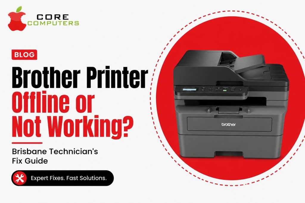 Brother printer offline or not working troubleshooting guide by Brisbane technicians with Brother multifunction printer image.