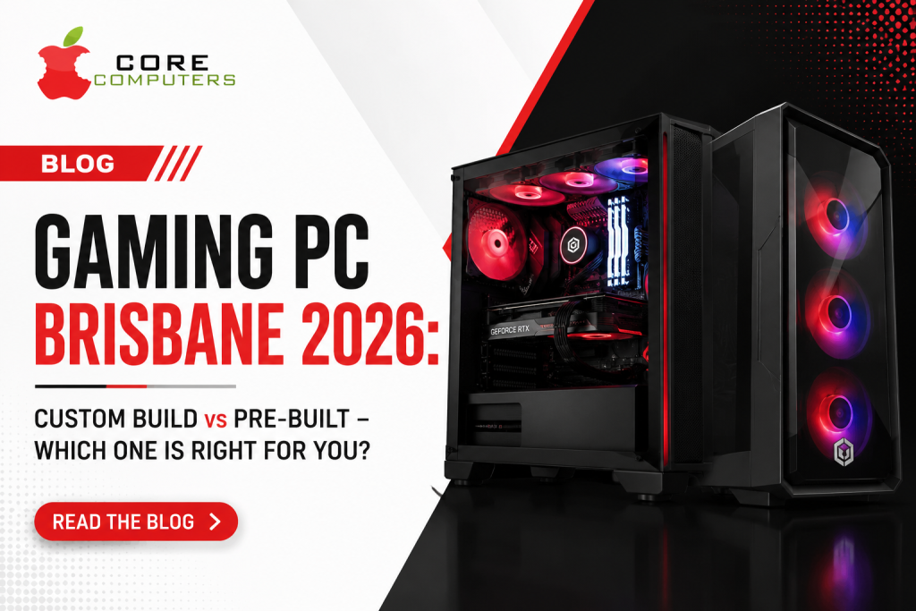 Gaming PC Brisbane 2026 blog banner comparing custom-built and pre-built gaming PCs with a high-performance RGB desktop computer.